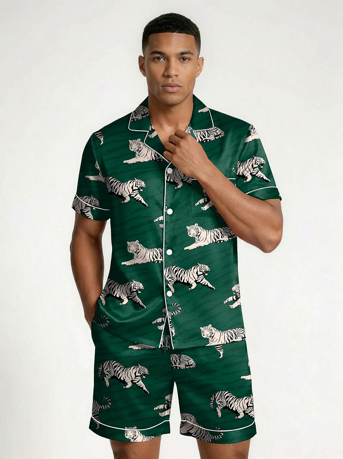 Ekouaer Mens Silk Satin Pajamas Set Short Sleeve Button Up Lounge Pjs Set
