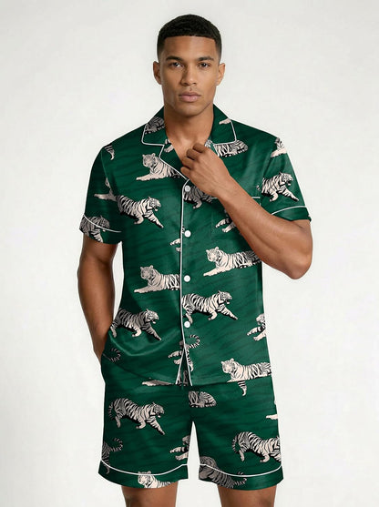 Ekouaer Mens Silk Satin Pajamas Set Short Sleeve Button Up Lounge Pjs Set