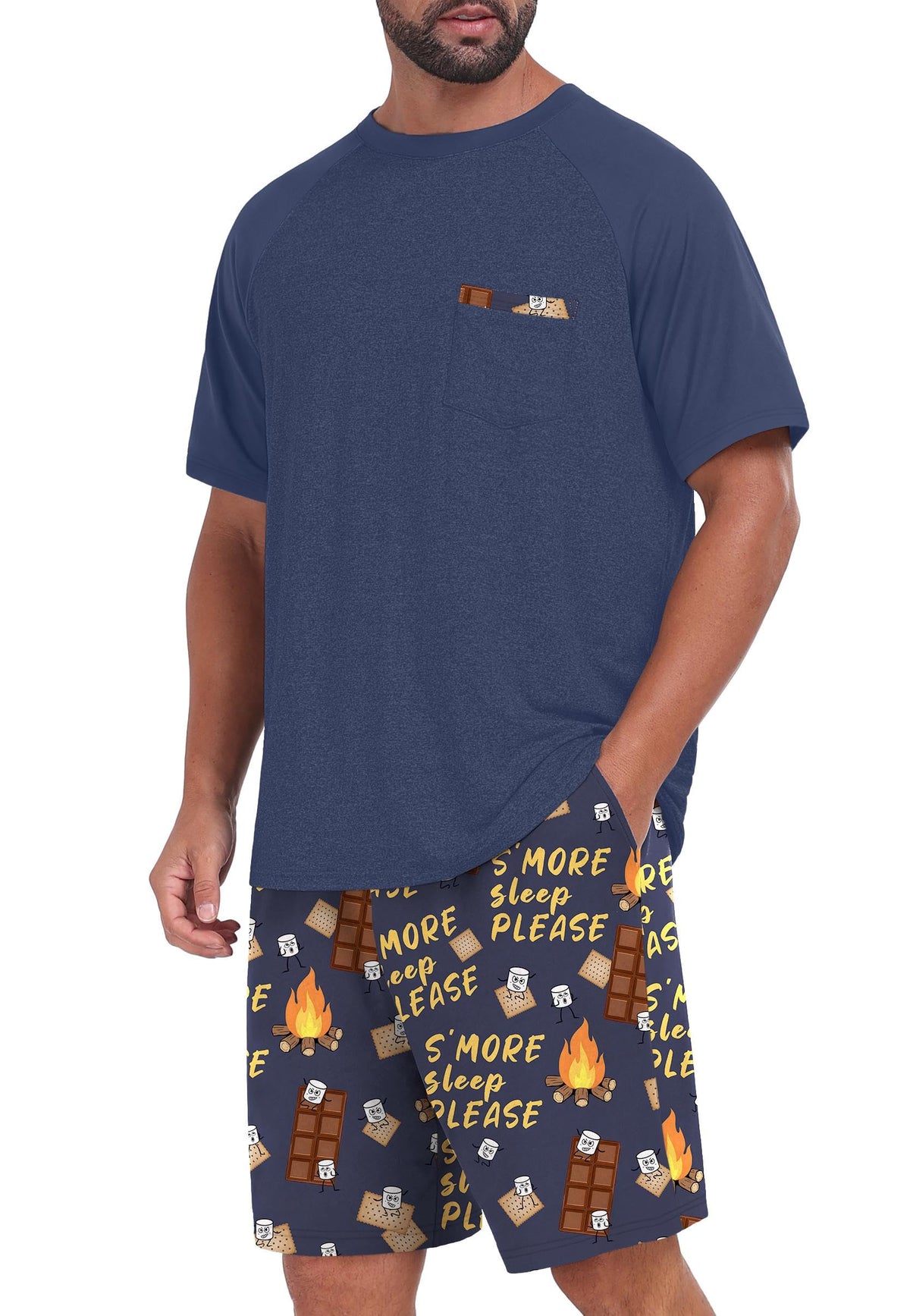 Mens Pajamas Set Shirt and Shorts Lightweight Summer Sleepwear