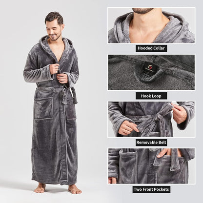 FashGudim Mens Robes Big and Tall with Hood Two-Tone Flannel Fleece Contrast Bathrobe Full Length Plush Long Robe House Coat