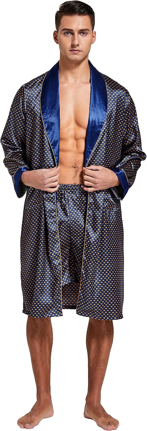 Mens Satin Robe Long Sleeve Silk Kimono Bathrobe with Shorts Set Sleepwear