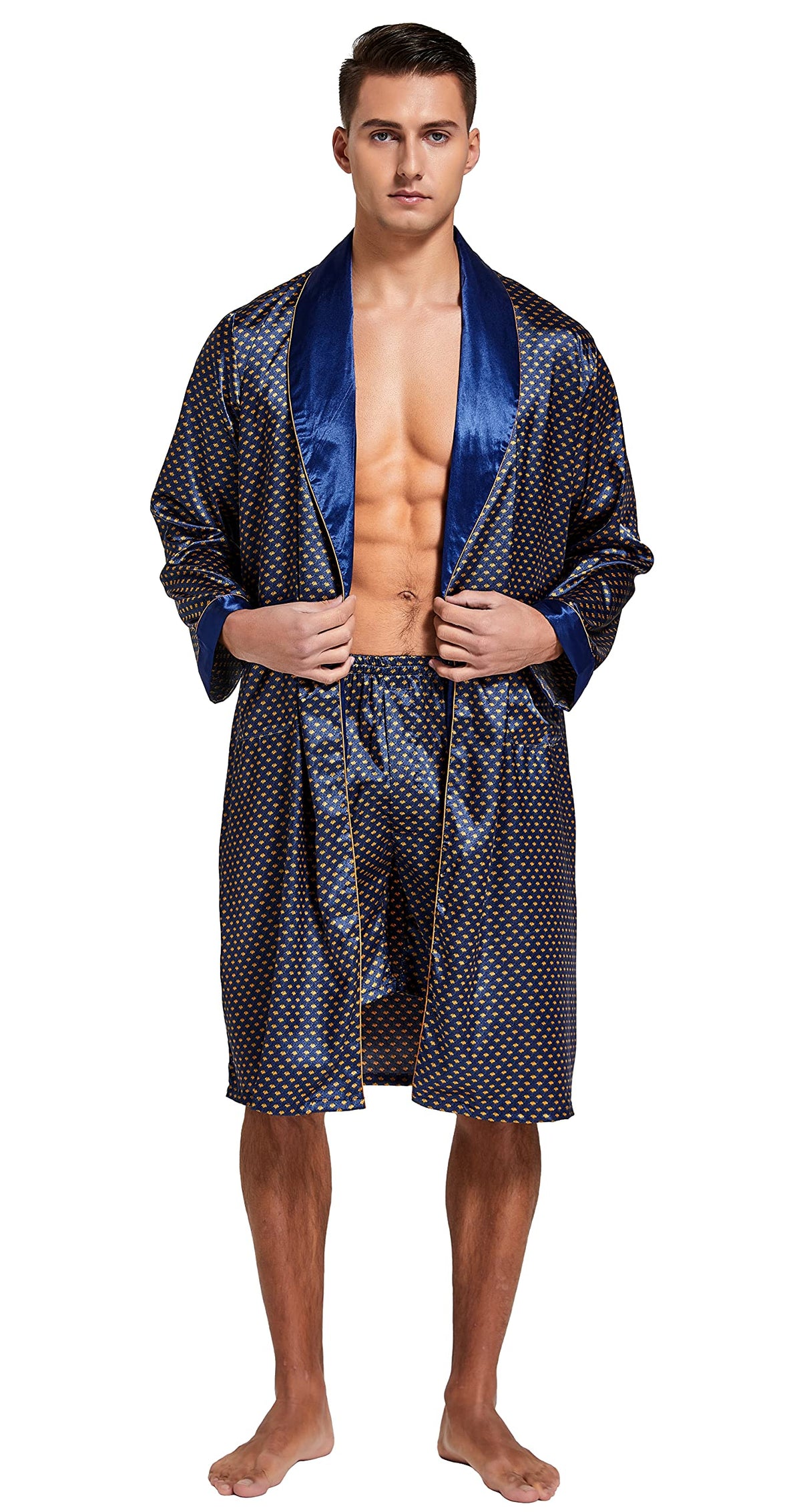 Mens Satin Robe Long Sleeve Silk Kimono Bathrobe with Shorts Set Sleepwear