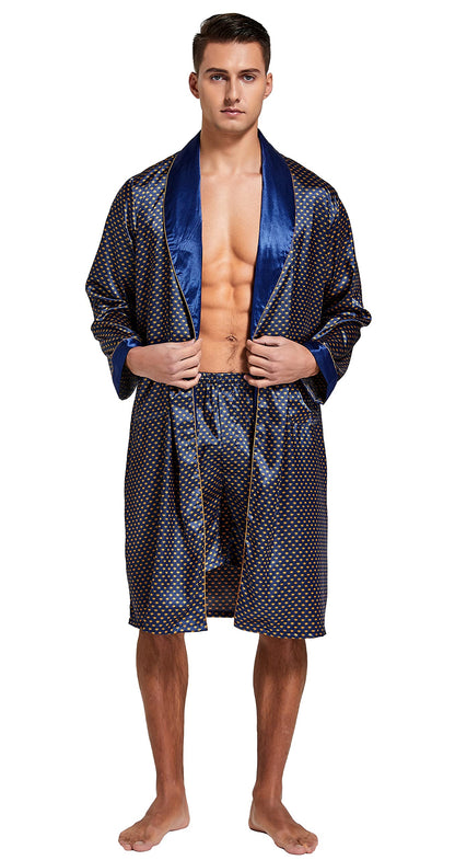 Mens Satin Robe Long Sleeve Silk Kimono Bathrobe with Shorts Set Sleepwear