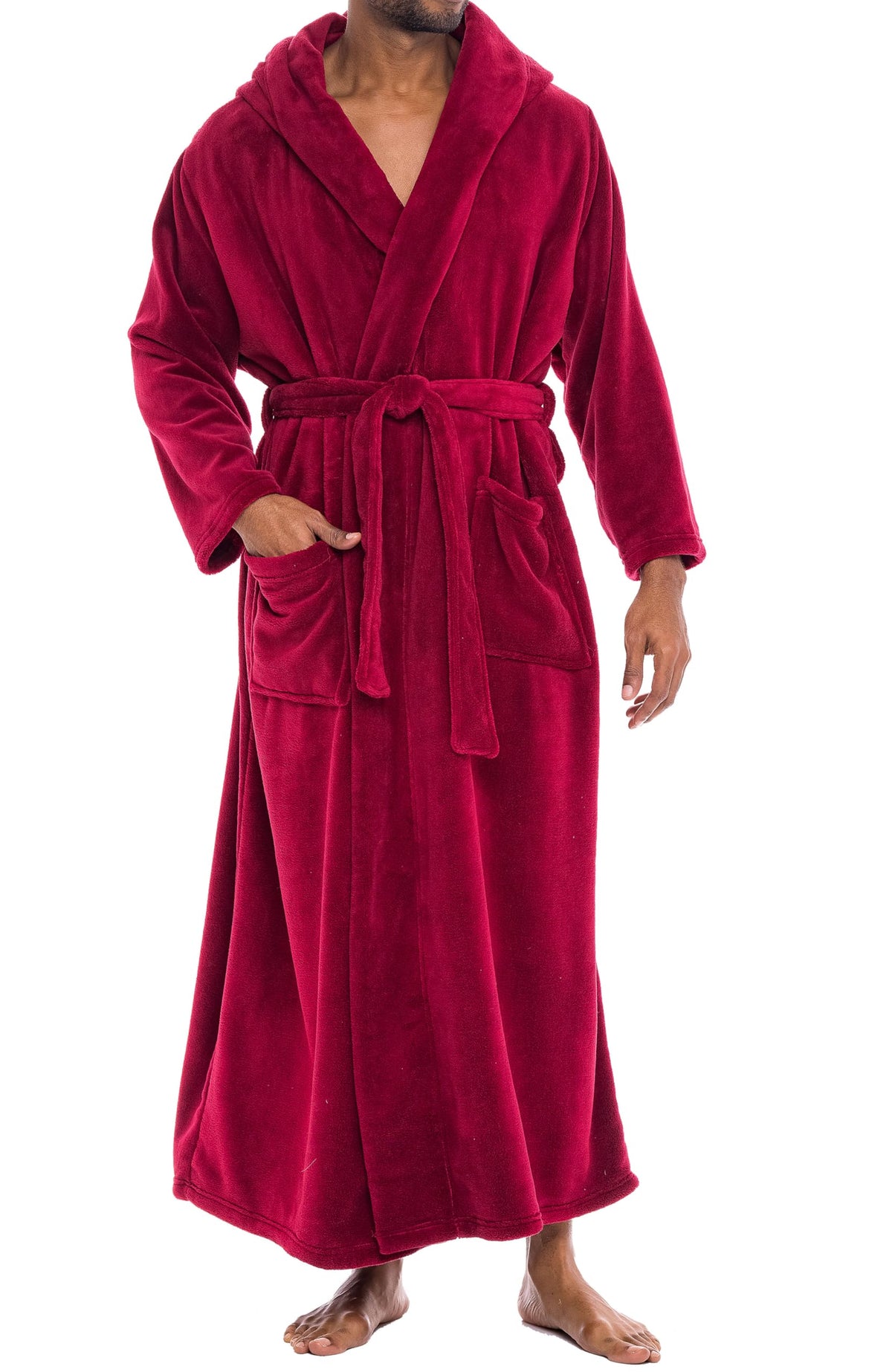 Men's Plush Fleece Hooded Robe with Pockets, Long Bathrobe