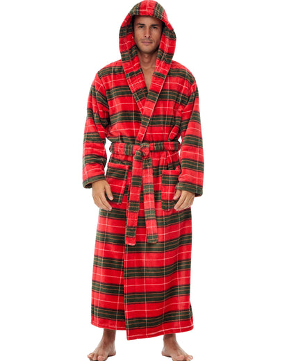 Men's Plush Fleece Hooded Robe with Pockets, Long Bathrobe