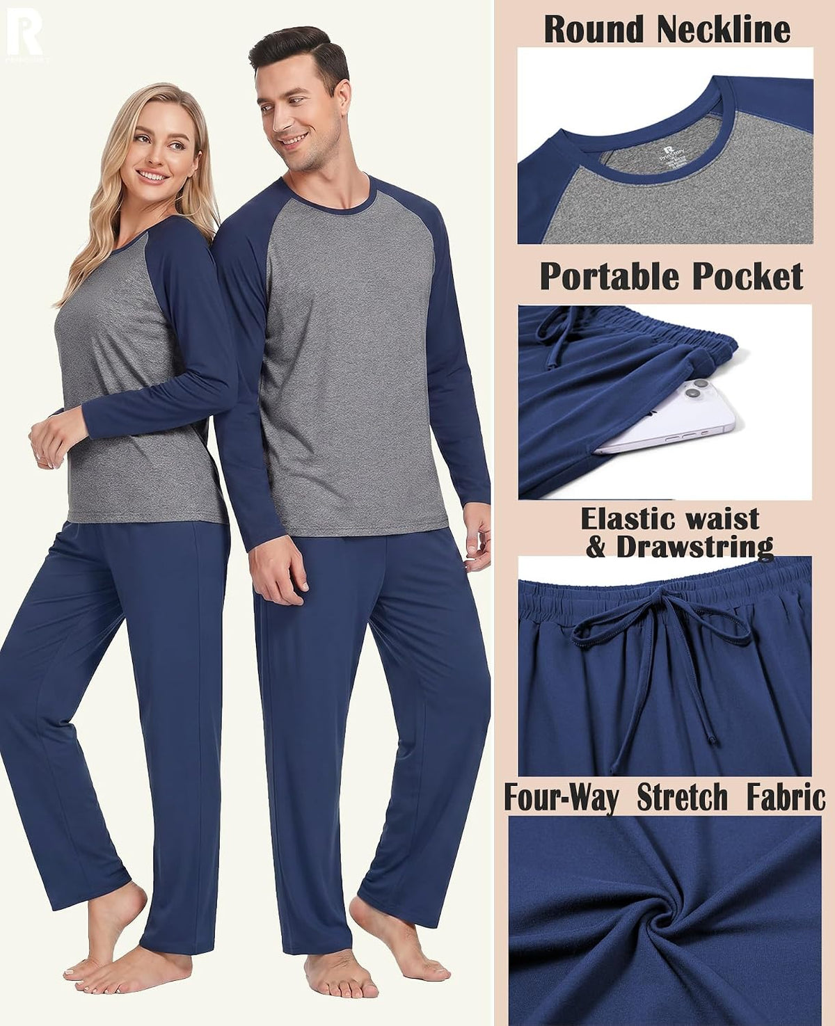 PrinStory Men's Pajama Sets Loungewear Sleepwear Pjs Lightweight Long Sleeve Shirts and Bottoms Soft Comfy Sleep Sets S-4XL