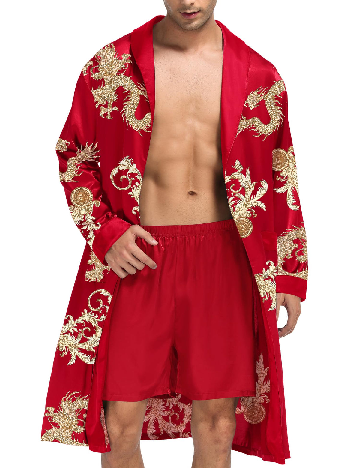 SWOMOG Men's Satin Robe with Shorts Set Silky Kimono Bathrobe Lightweight Soft Sleepwear