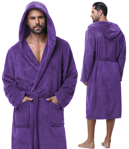 Absorbent Fleece Mens Robe with Hood Warm Cozy Ultra Soft Bathrobe Luxury Quick Dry Spa Towel Robe for Men