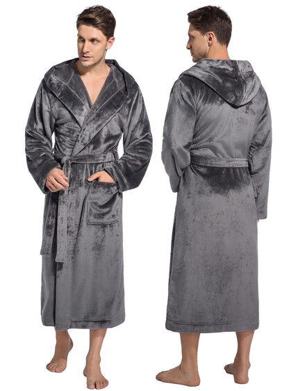 ToastyLife Mens Soft Plush Fleece Long Robe, Hooded Bathrobe with Pockets