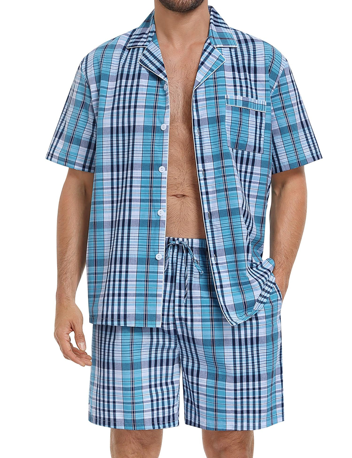 SWOMOG Mens 100% Cotton Pajama Set 2Pcs Button Down Pjs Set Short Sleeve Sleepwear with Pocket Soft Summer Stripe Nightwear