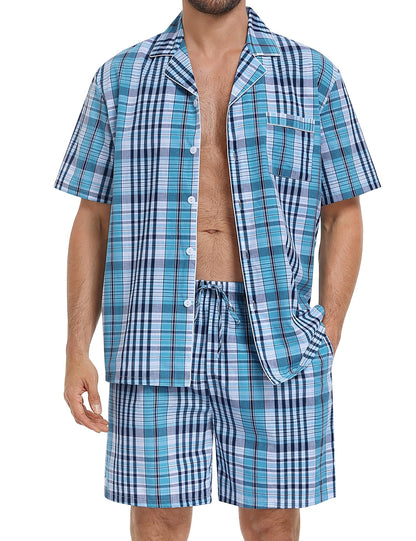 SWOMOG Mens 100% Cotton Pajama Set 2Pcs Button Down Pjs Set Short Sleeve Sleepwear with Pocket Soft Summer Stripe Nightwear