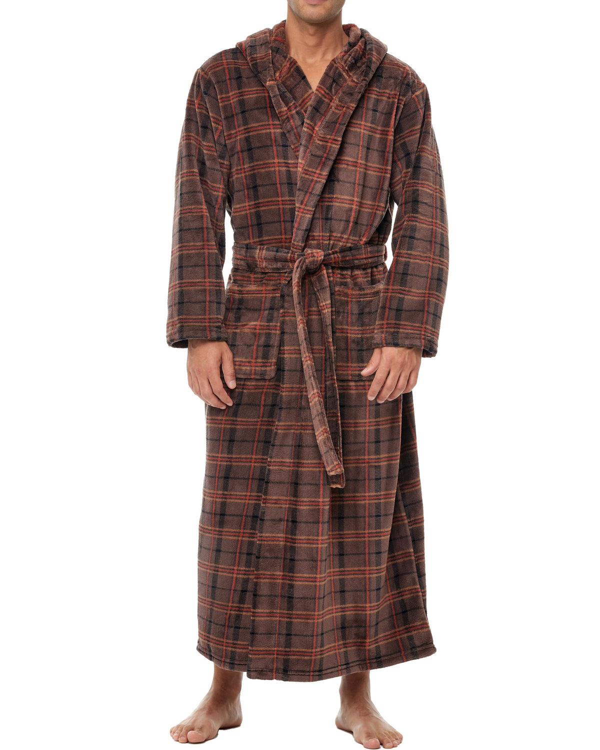 Men's Plush Fleece Hooded Robe with Pockets, Long Bathrobe