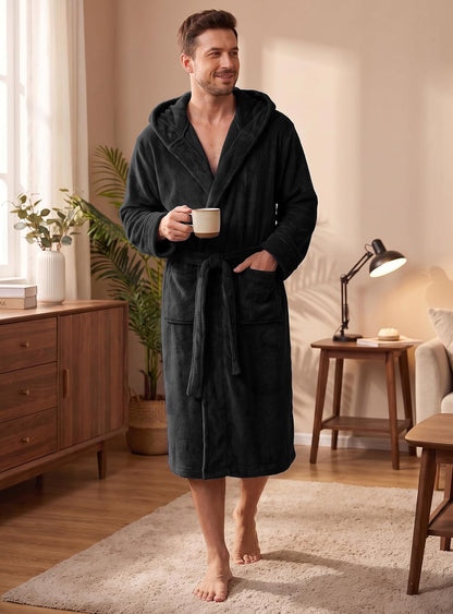 PrinStory Mens Hooded Robe Plush Fleece Robes Soft Long Bathrobe