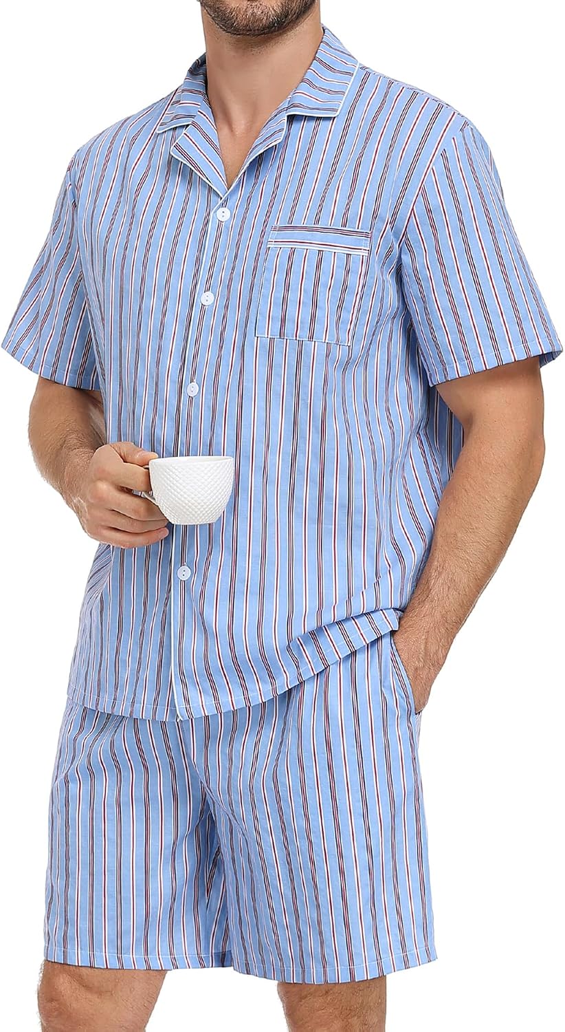 SWOMOG Mens 100% Cotton Pajama Set 2Pcs Button Down Pjs Set Short Sleeve Sleepwear with Pocket Soft Summer Stripe Nightwear