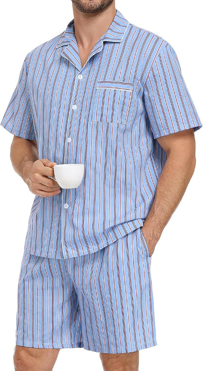SWOMOG Mens 100% Cotton Pajama Set 2Pcs Button Down Pjs Set Short Sleeve Sleepwear with Pocket Soft Summer Stripe Nightwear