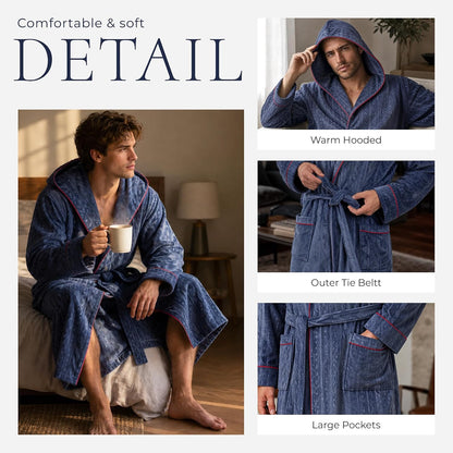 Mens Hooded Fleece Robe Plush Stretch Bathrobe
