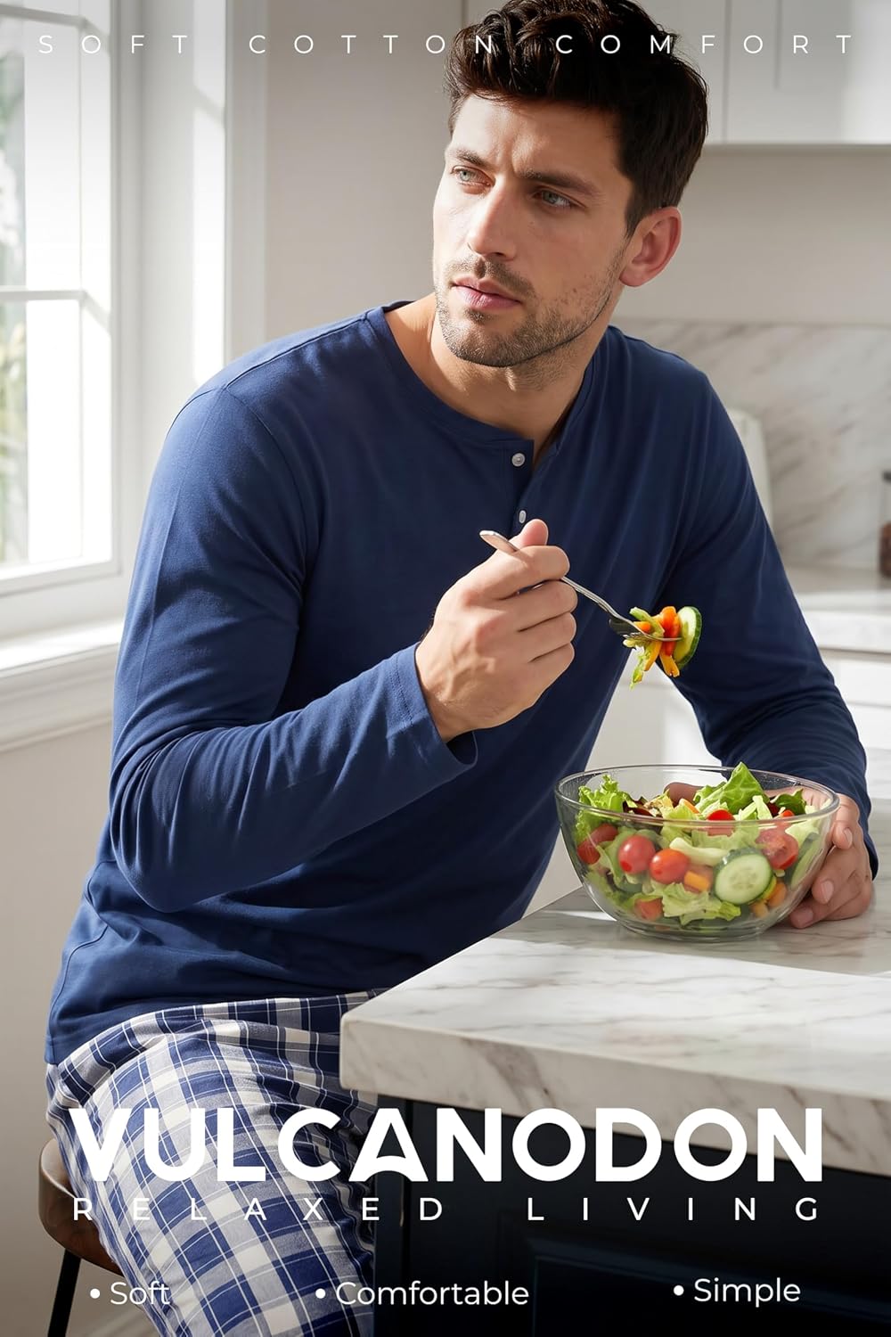 Vulcanodon Mens 100% Cotton Pajamas Set Cozy 2 Piece with Plaid Pants Pjs