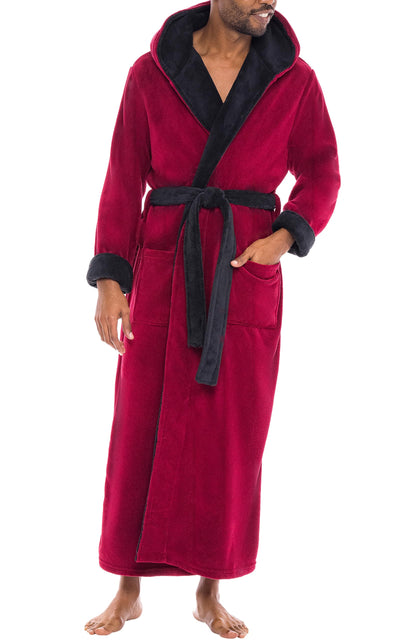 Men's Plush Fleece Hooded Robe with Pockets, Long Bathrobe