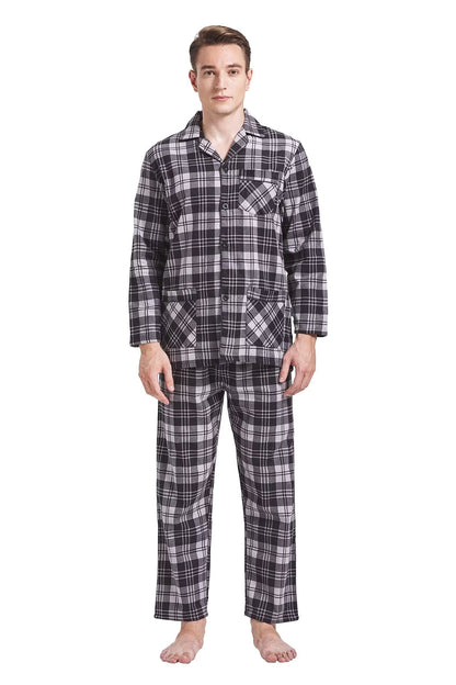 GLOBAL Men's Pajamas Sets 100% Cotton Flannel Sleepwear Long-Sleeve top & Bottom