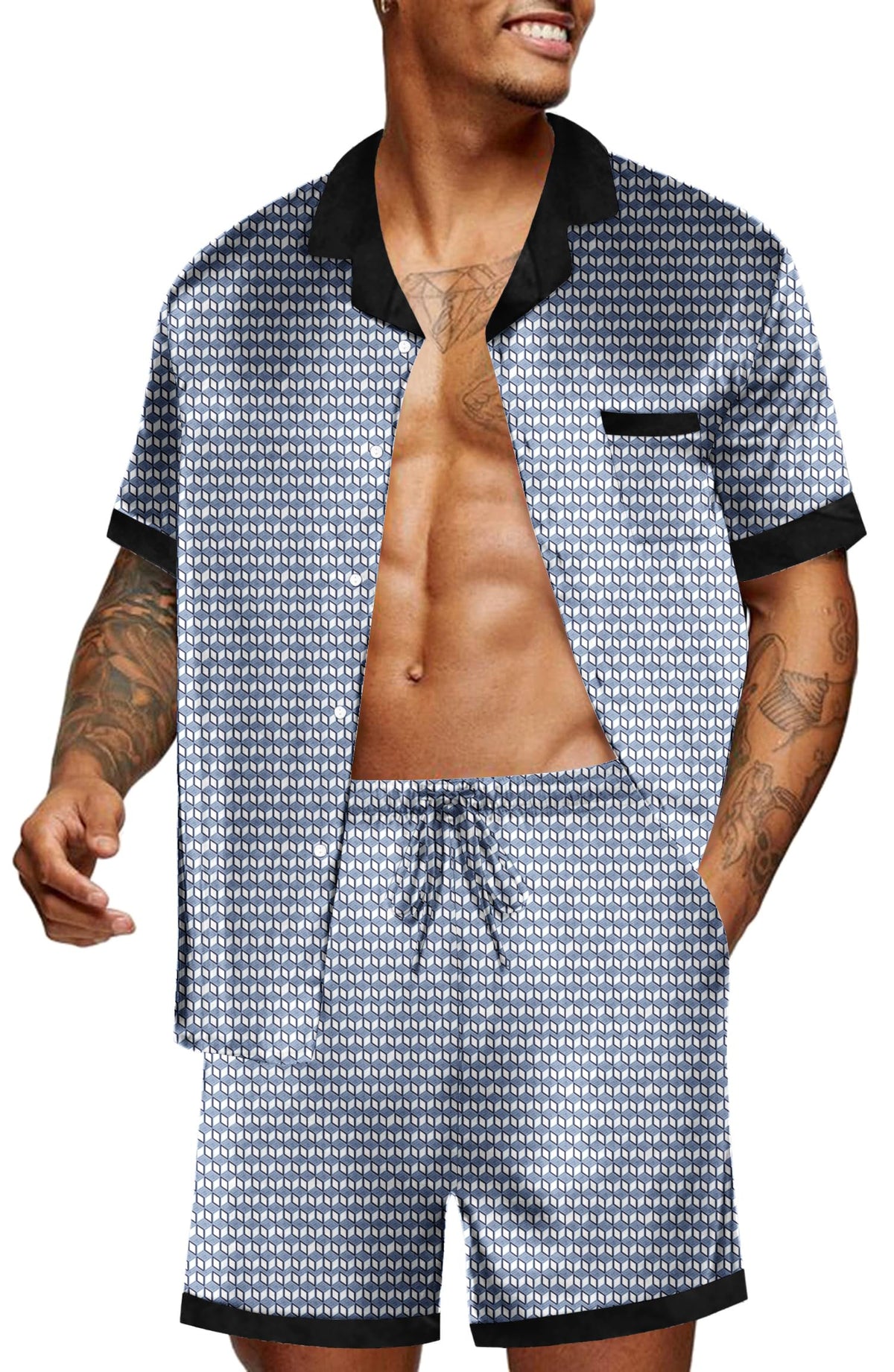 Ekouaer Men Silk Pajamas Set 2 Pieces Satin Pj Button Down Loungewear Sets