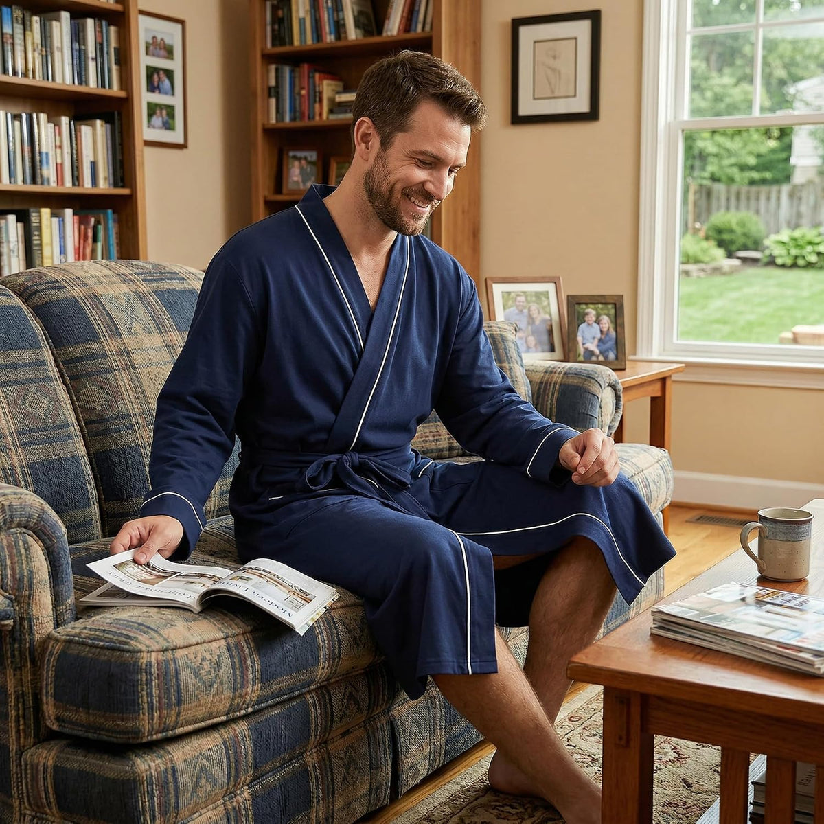 Vulcanodon Mens Organic Cotton Robe, Soft Kimono Bathrobe with Pockets