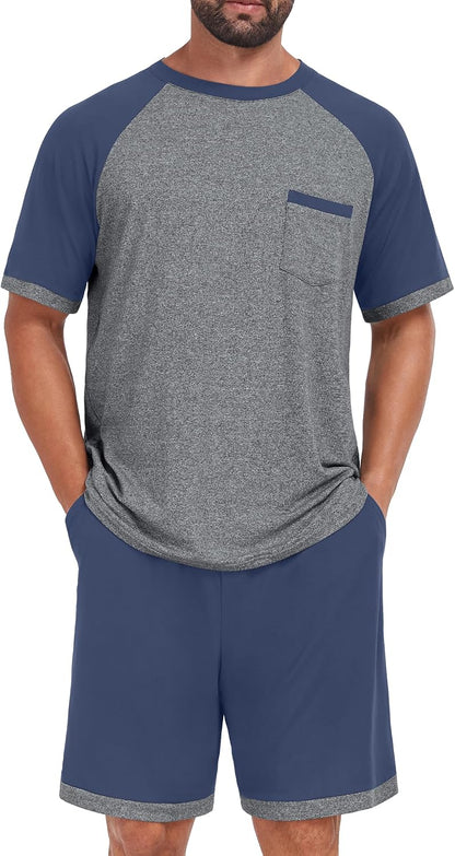 Mens Pajamas Set Shirt and Shorts Lightweight Summer Sleepwear