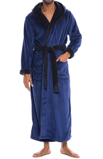 Men's Plush Fleece Hooded Robe with Pockets, Long Bathrobe