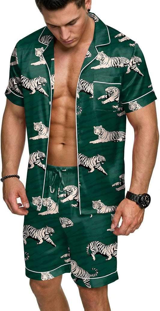 Ekouaer Mens Silk Satin Pajamas Set Short Sleeve Button Up Lounge Pjs Set