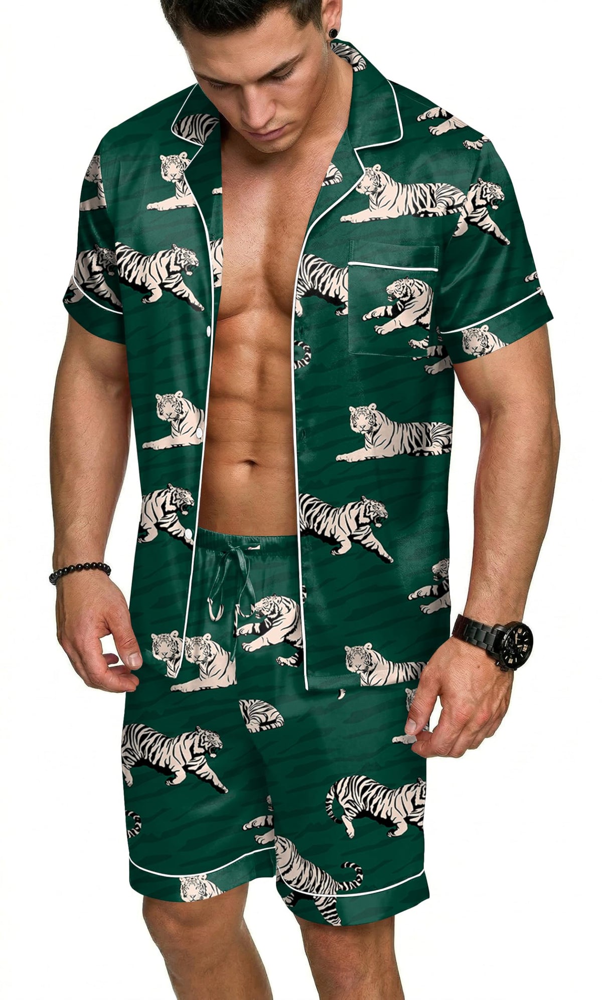 Ekouaer Mens Silk Satin Pajamas Set Short Sleeve Button Up Lounge Pjs Set
