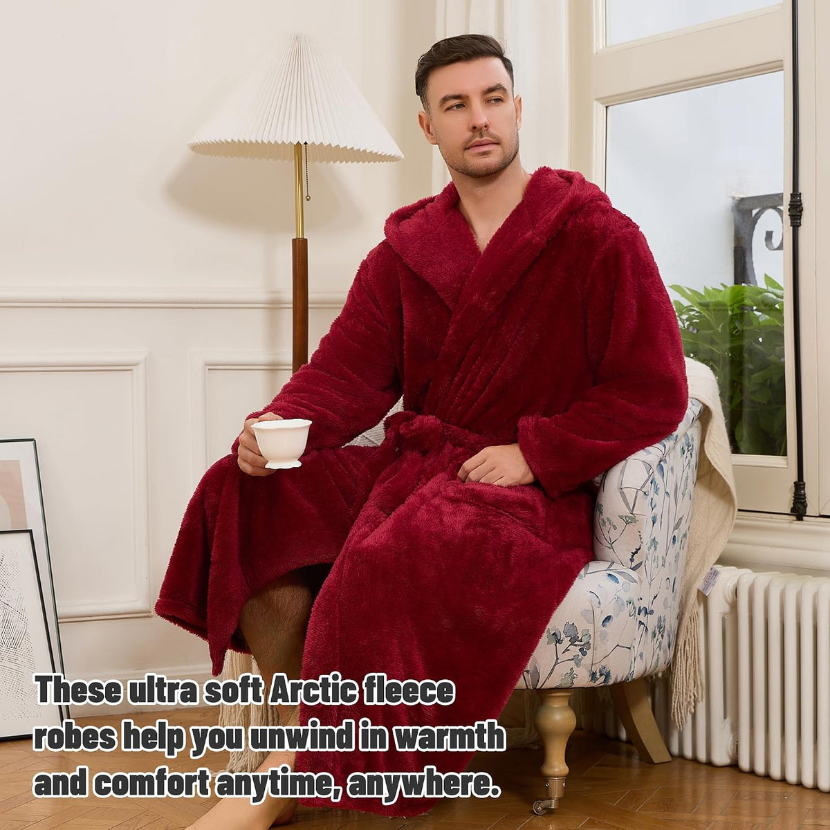Mens Fleece Hooded Robe, Plush Robes Cozy for Men, Soft Warm Bathrobe Shower Spa Long Robe With Pockets