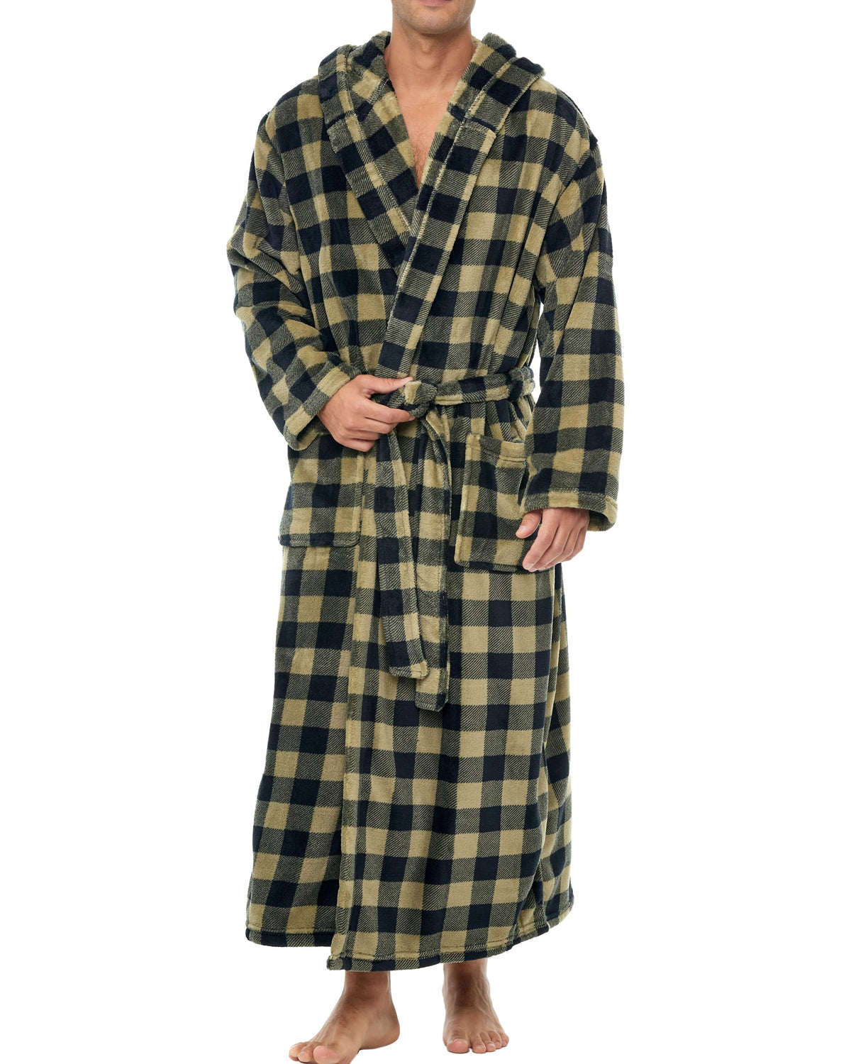 Men's Plush Fleece Hooded Robe with Pockets, Long Bathrobe
