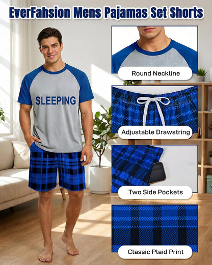 Mens Pajamas Set Summer Pjs Short Sleeve Sleep Set Soft Sleepwear 2 Piece Plaid Loungewear with Pockets M-2XL