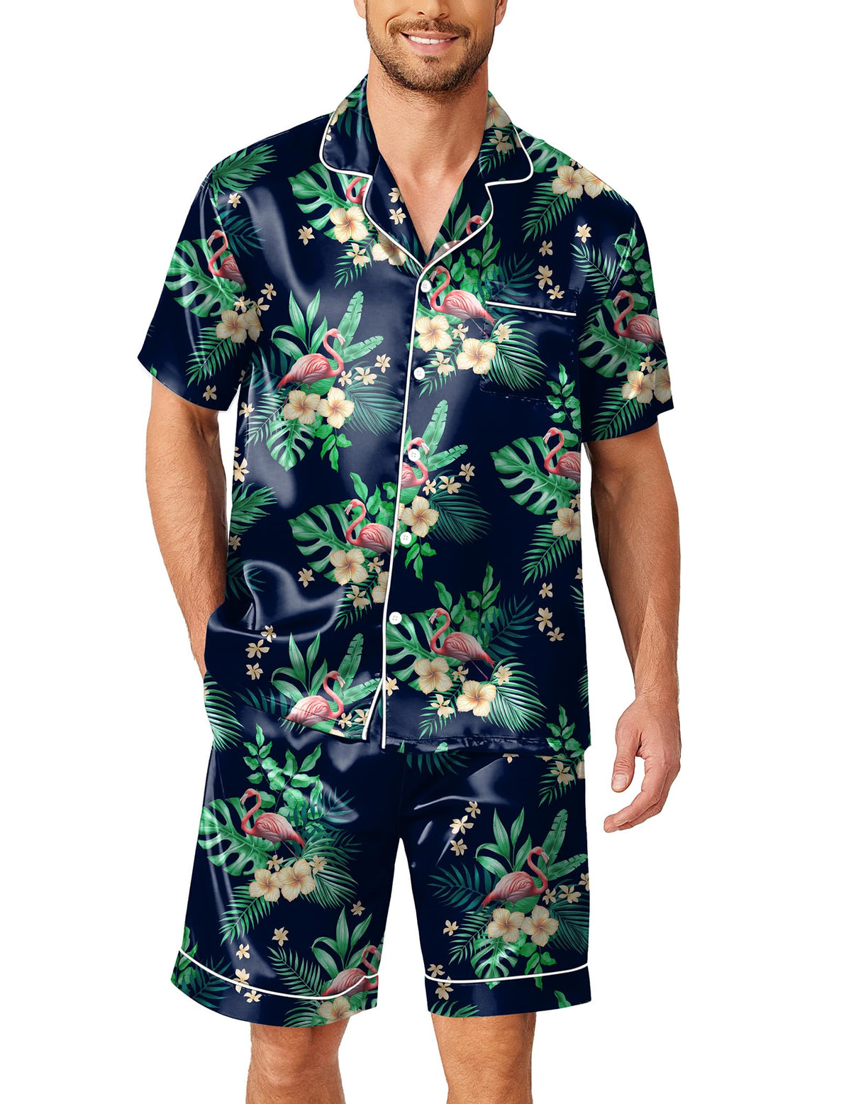 Ekouaer Mens Pajamas Set Silk Satin Pjs Short Sleeve Button Up Lounge Sets