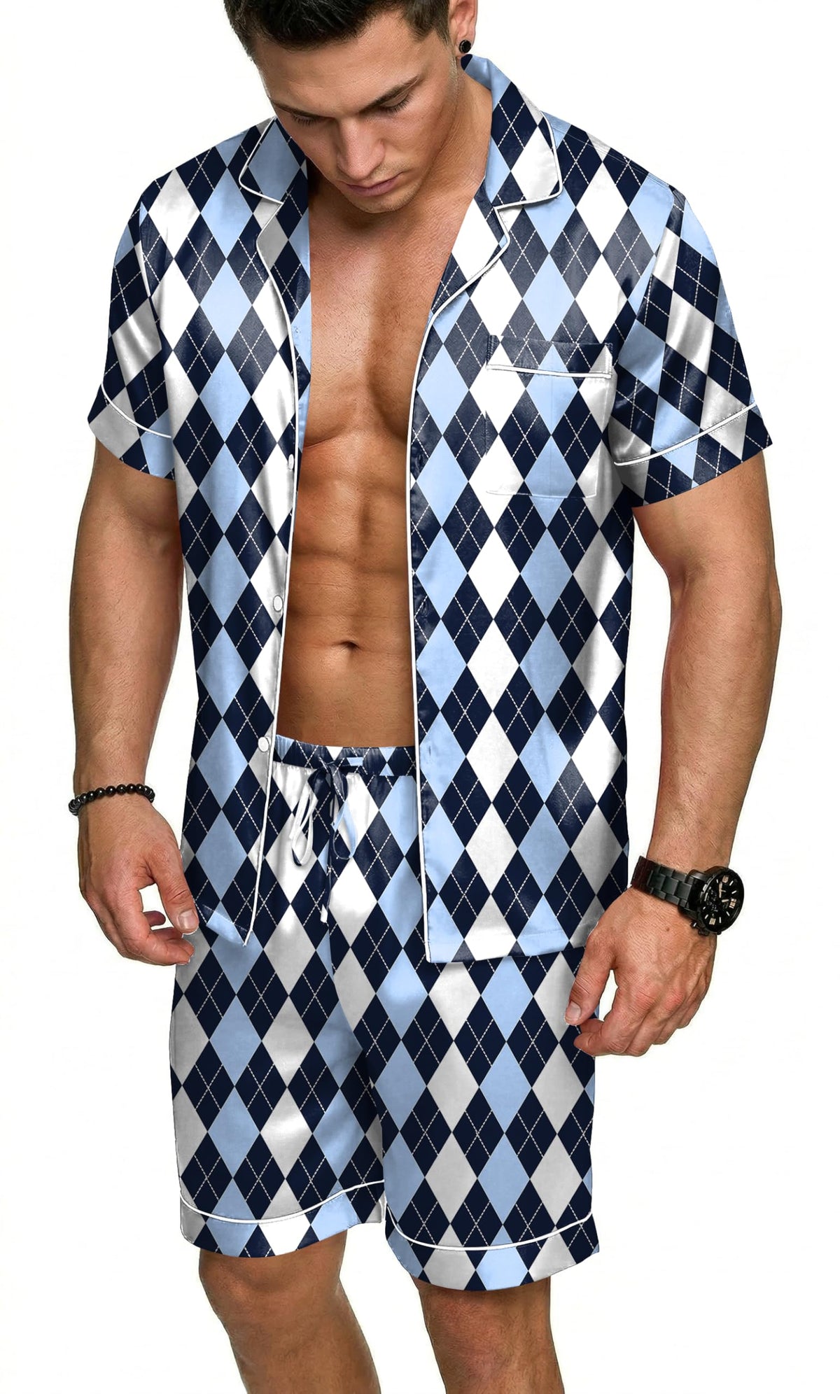 Ekouaer Mens Silk Satin Pajamas Set Short Sleeve Button Up Lounge Pjs Set