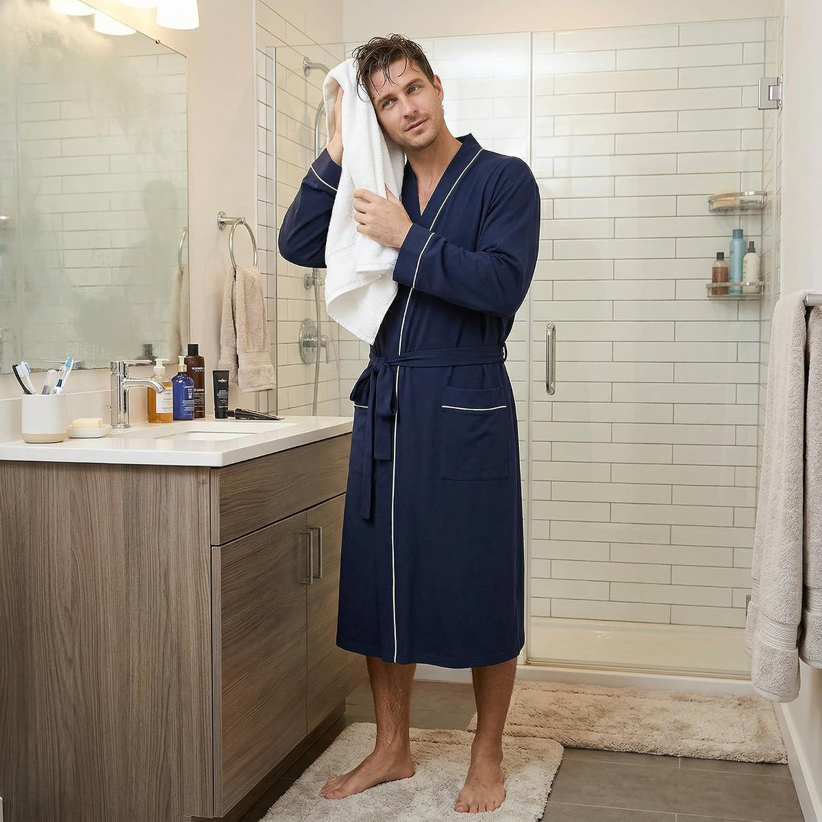 Vulcanodon Mens Organic Cotton Robe, Soft Kimono Bathrobe with Pockets
