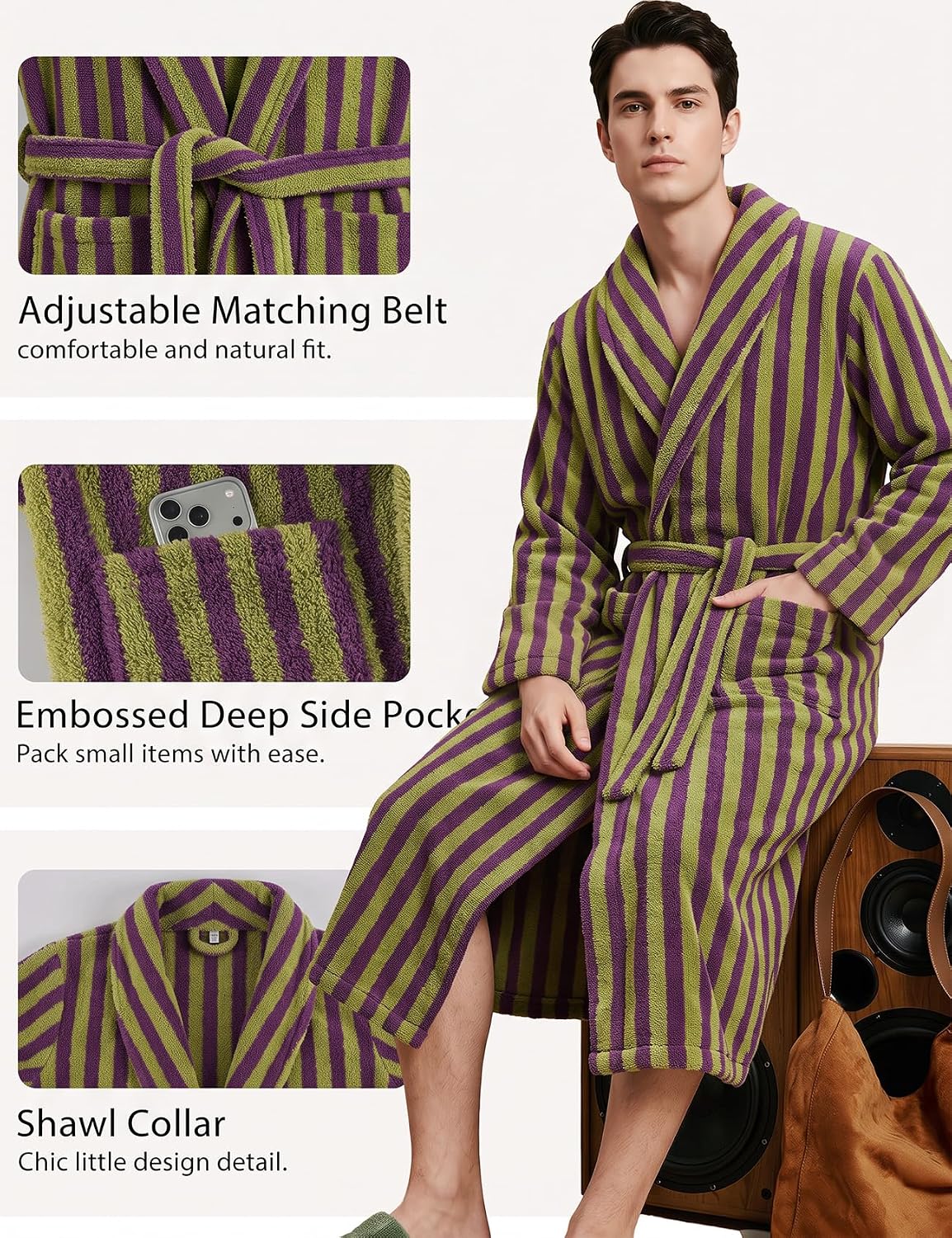 Gihuo Mens Striped Robe Long Fluffy Plush Bathrobe