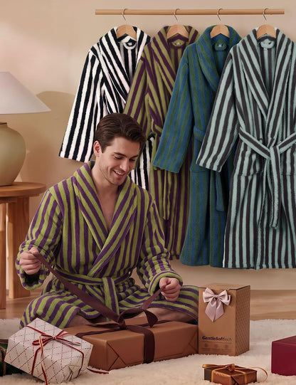 Gihuo Mens Striped Robe Long Fluffy Plush Bathrobe
