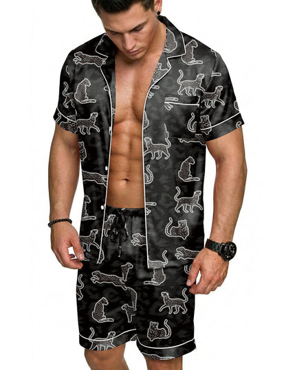 Ekouaer Mens Silk Satin Pajamas Set Short Sleeve Button Up Lounge Pjs Set