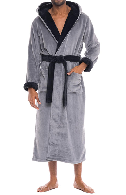 Men's Plush Fleece Hooded Robe with Pockets, Long Bathrobe