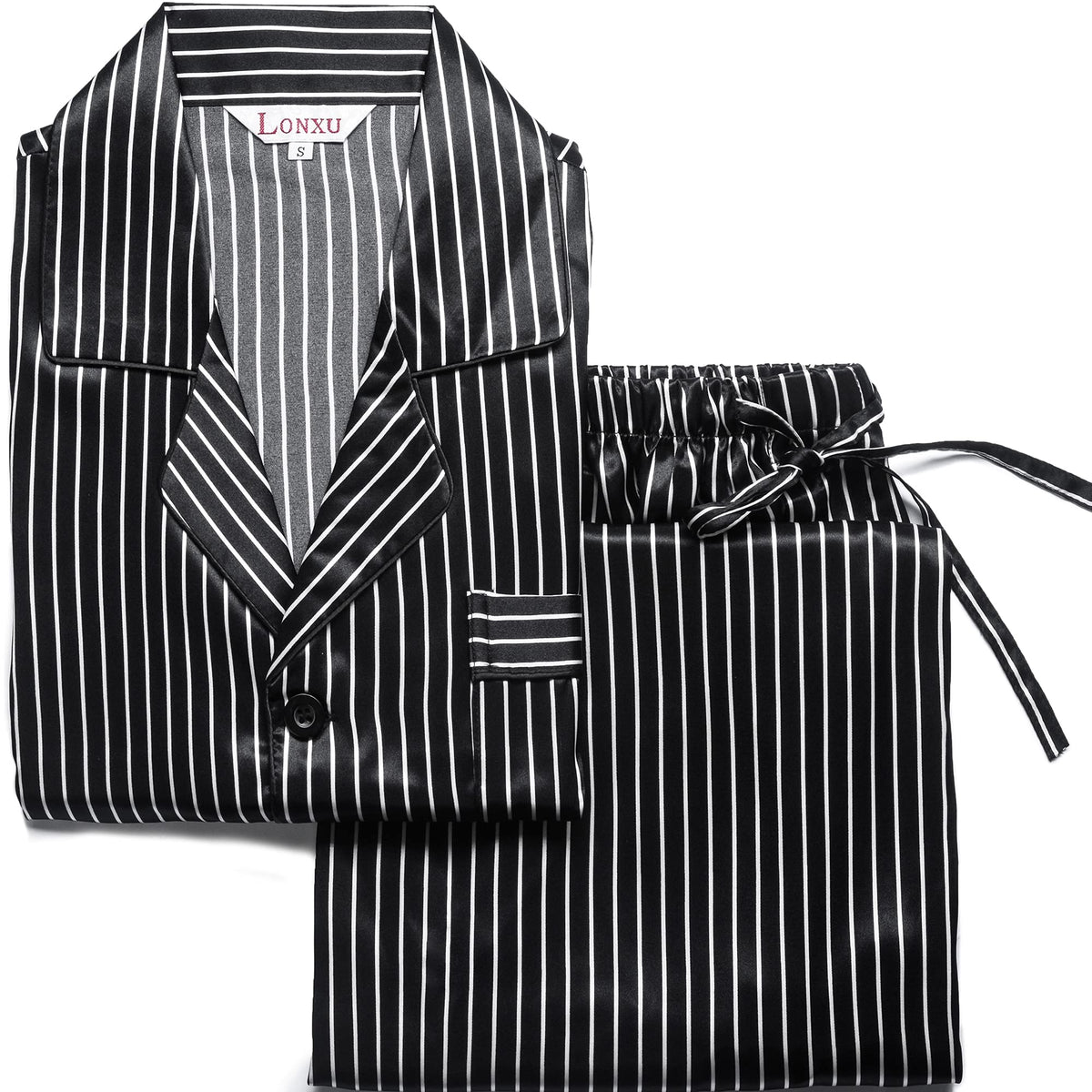 Lonxu Pajamas Set Mens Silk Satin Pajamas Long Sleeve Loungewear Two-Piece Sleepwear Button-Down Pj Set S-XXXXL