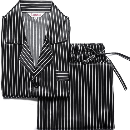 Lonxu Pajamas Set Mens Silk Satin Pajamas Long Sleeve Loungewear Two-Piece Sleepwear Button-Down Pj Set S-XXXXL