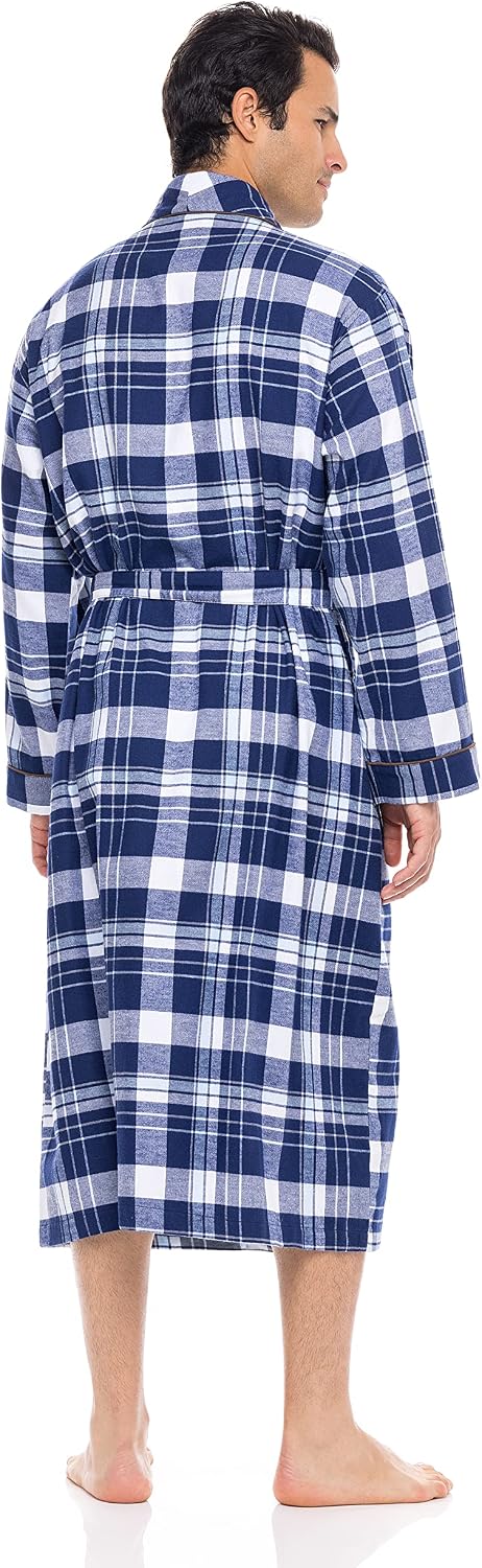 AMERICAN HEAVEN Men's Flannel Fleece Robe | Soft Cotton Shawl Collar Full Length Plaid Robe