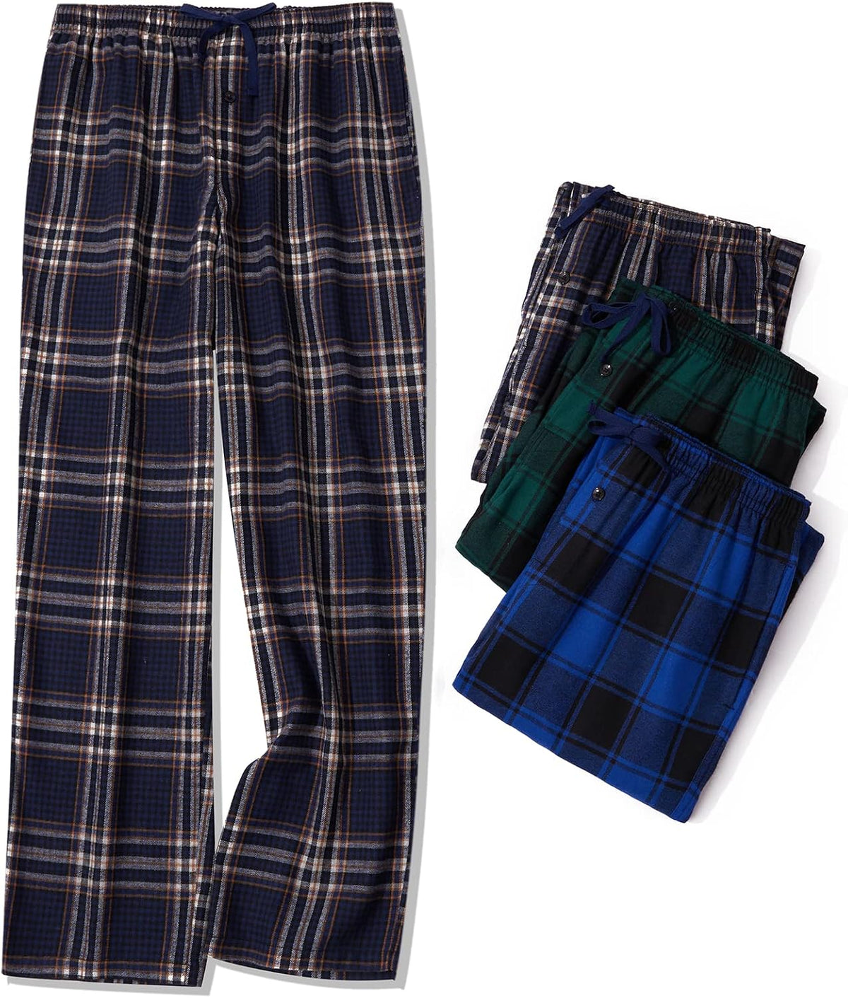 JupiterSecret Mens Pajama Pants Set Flannel Cotton Sleep & Lounge Pants 3 Pack, PJ Bottoms with Pockets and Button Fly