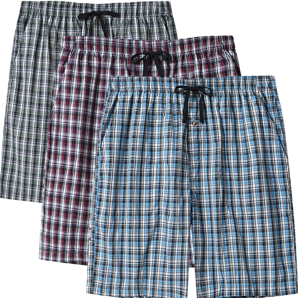 MoFiz 3pack Mens Pajama Short Bottom Sleep Lounge Cotton Plaid