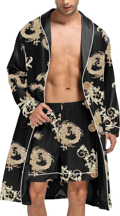 SWOMOG Men's Satin Robe Silky Kimono Bathrobe with Shorts Set Lightweight Soft Loungewear Nightwear