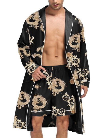 SWOMOG Men's Satin Robe Silky Kimono Bathrobe with Shorts Set Lightweight Soft Loungewear Nightwear