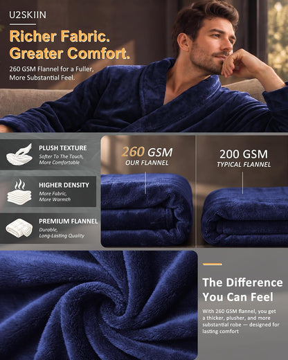 U2SKIIN Mens Robe Plush Flannel Bathrobe for Men Shawl Collar