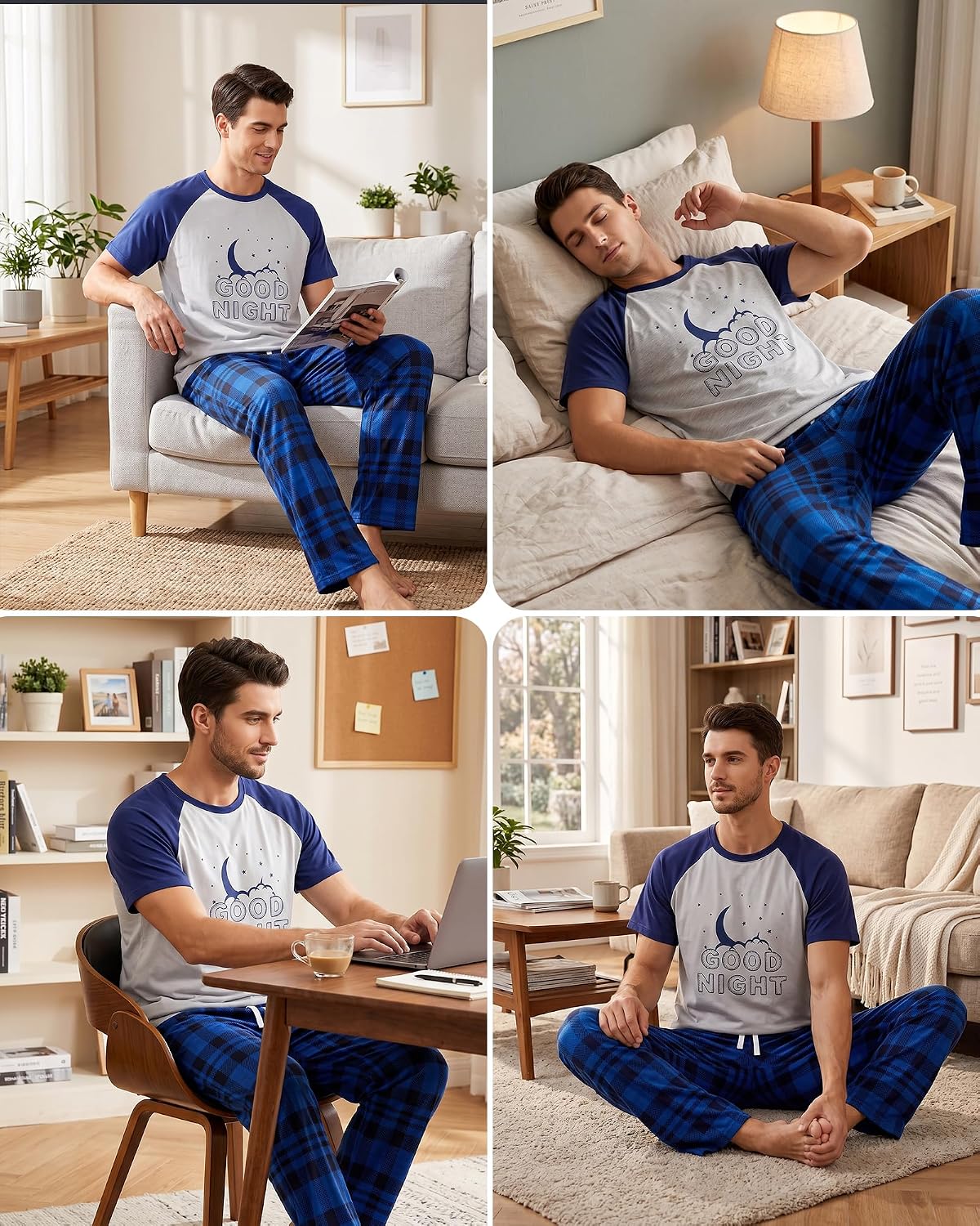 Mens Pajamas Set Soft Pjs Short Top Plaid Pants Sleepwear Loungewear Sets