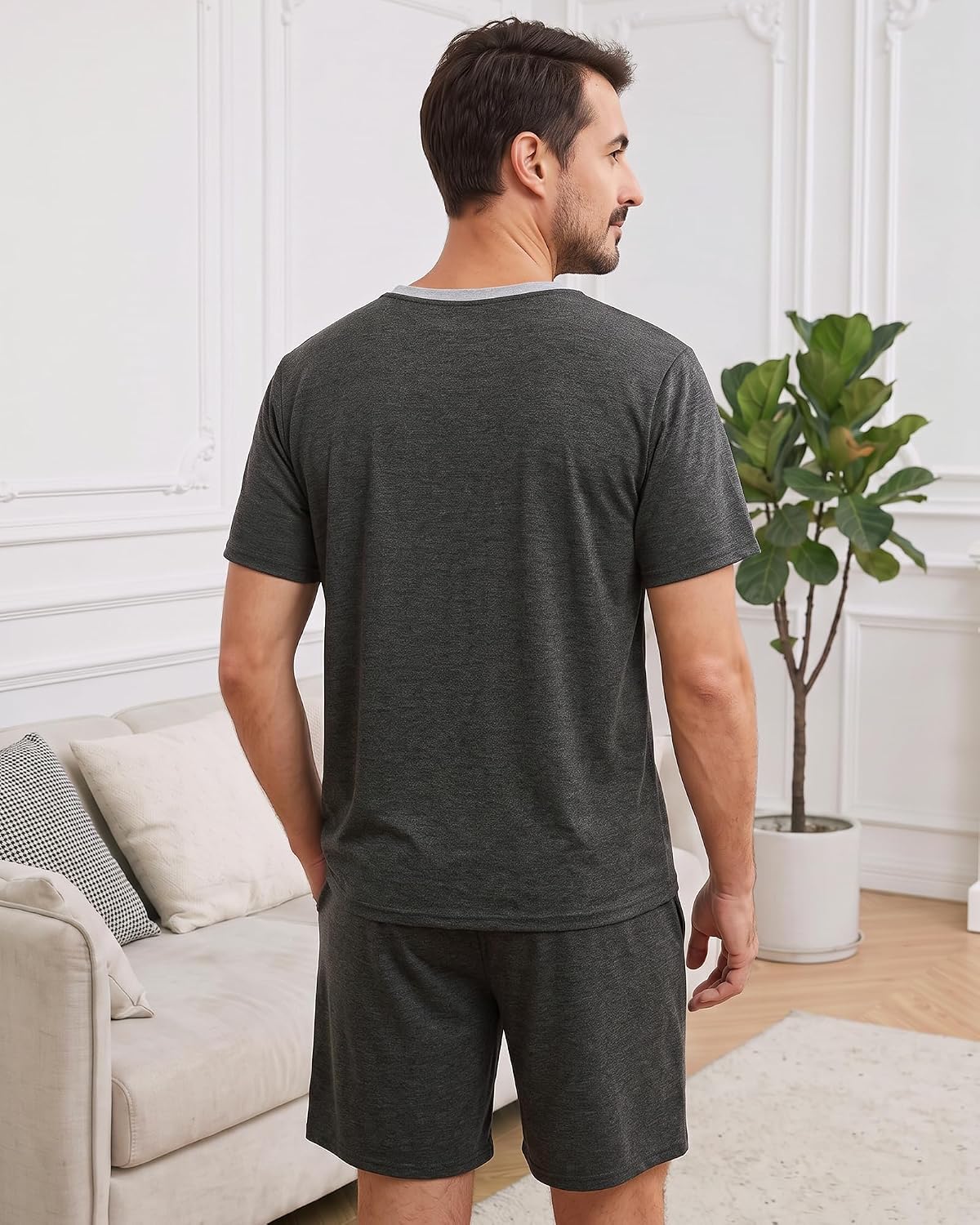 MyFav Mens Pajama Set Soft V Neck PjsShort Sleeves Shirts and Shorts Loungewear Solid Color Sleep Sets