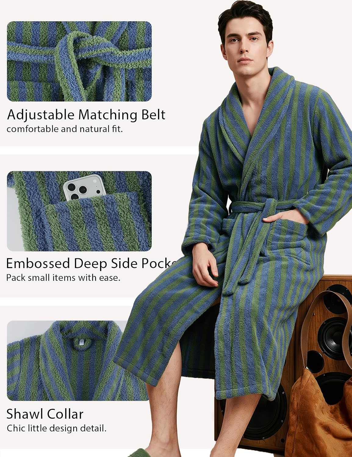 Gihuo Mens Striped Robe Long Fluffy Plush Bathrobe